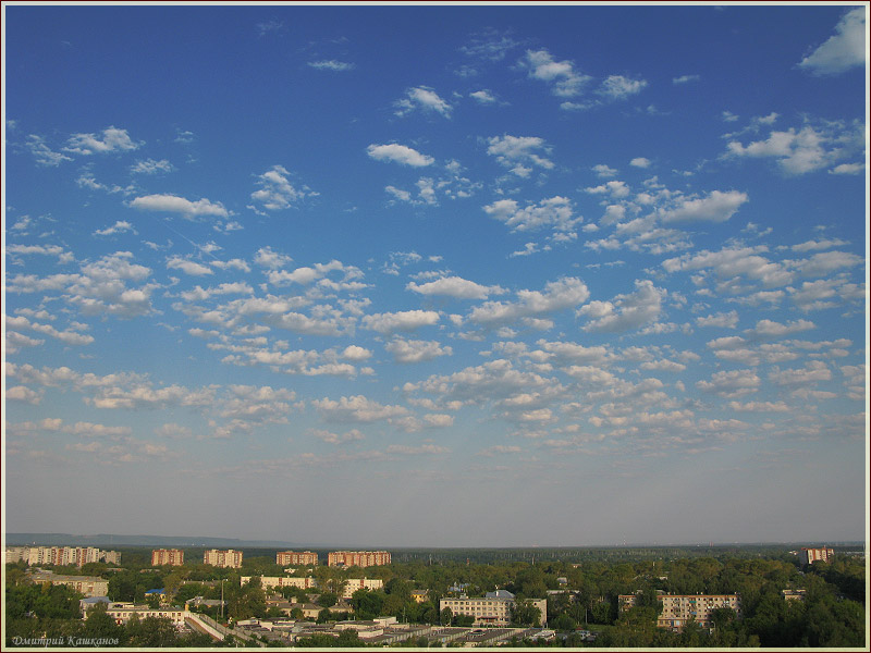 Легкие белые пушистые перистые облака и синее небо. Летний день. Фото неба и облаков