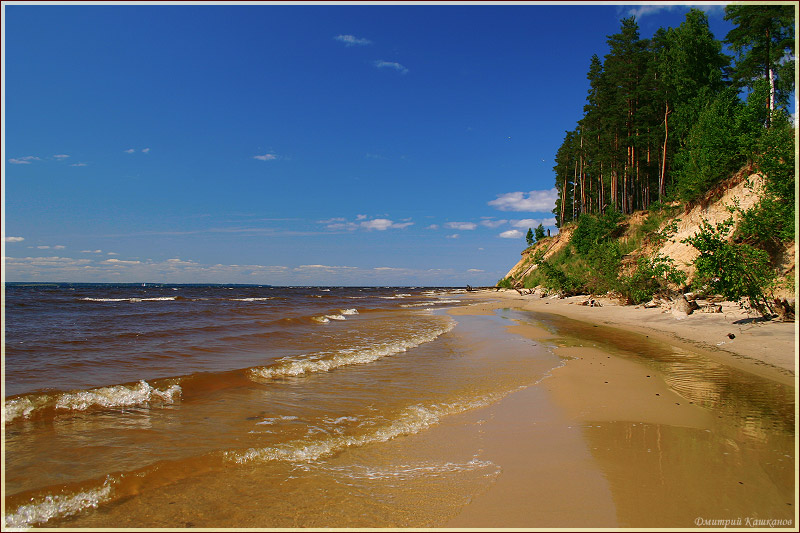 Волны Горьковского моря. Песчаный пляж и сосны